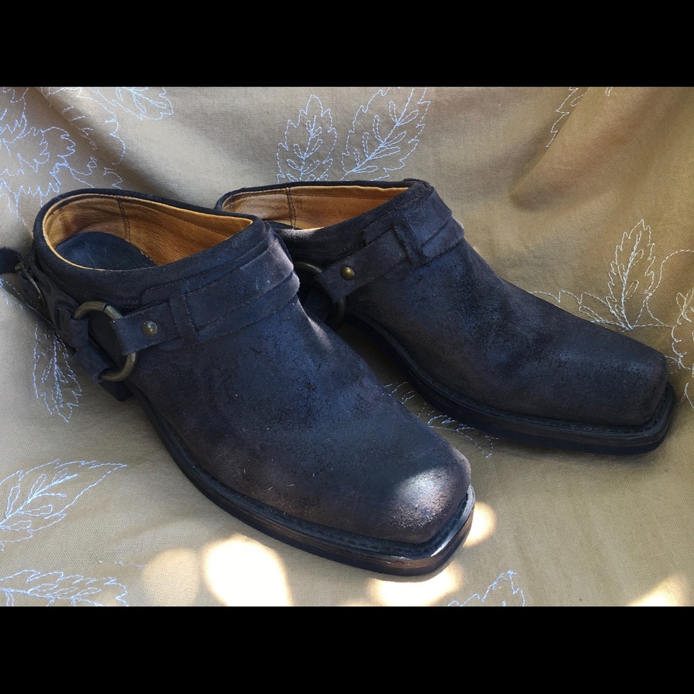 Frye Brown Suede Leather Harness Slip On Boot Mule